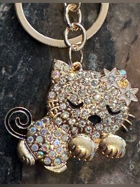 Kitty Cat Bag Charm NIP Keychain Enamel AB & Clear Rhinestones NEW White Black